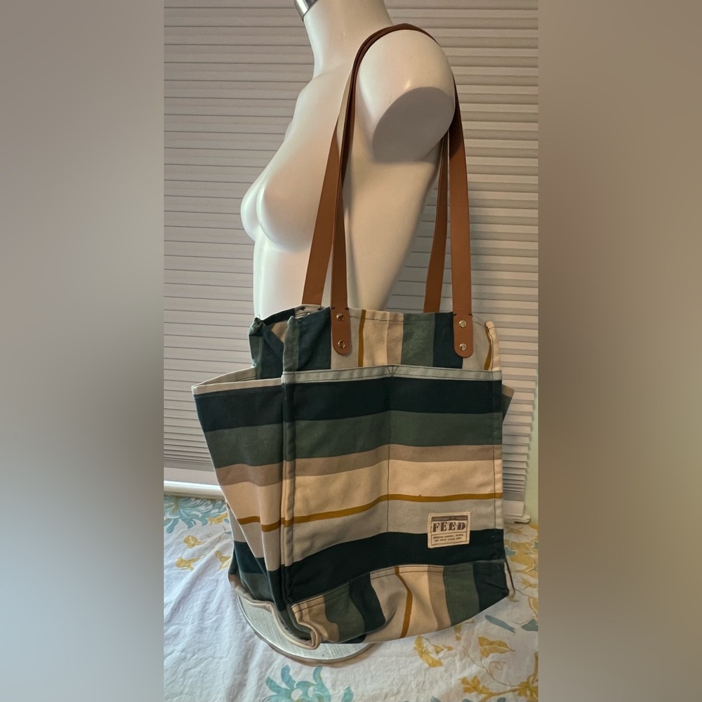 Feed Cream and Green Canvas Tote Bag with Sturdy Handles